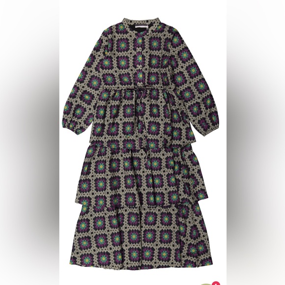 Rowe Three Tiered Dress Grey/Purple- Quilt Print  Long Maxi Modest Girls 10 New - Picture 2 of 8